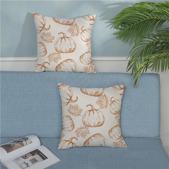 NEW Set of 2 Fall Pillow Covers 20x20 - Burnt Orange Pumpkin & Maple Leaves - Picture 5 of 8